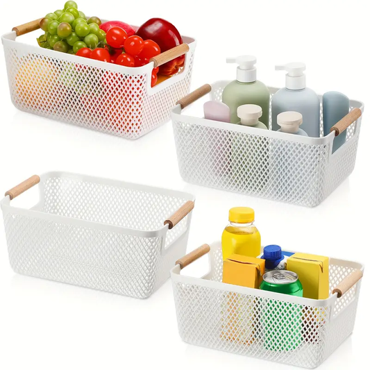 4pcs White Plastic Mesh Storage Baskets with Wooden Handles | Small Organizer Bins for Kitchen, Pantry, Closet, Bedroom - Breathable Design for Fruits, Vegetables, Cleaning Supplies & Home Organization