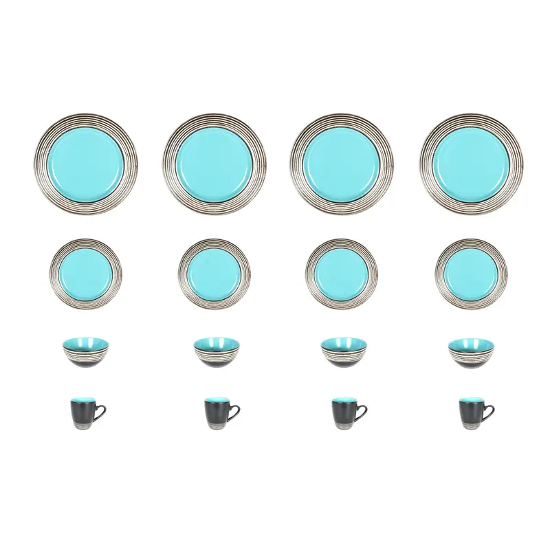 16pcs Turquoise Dinnerware Set Tree Bark Microwave Dishwasher Safe Plates, Stoneware Set for 4 for Easter, Party, Campe, Spring home decor