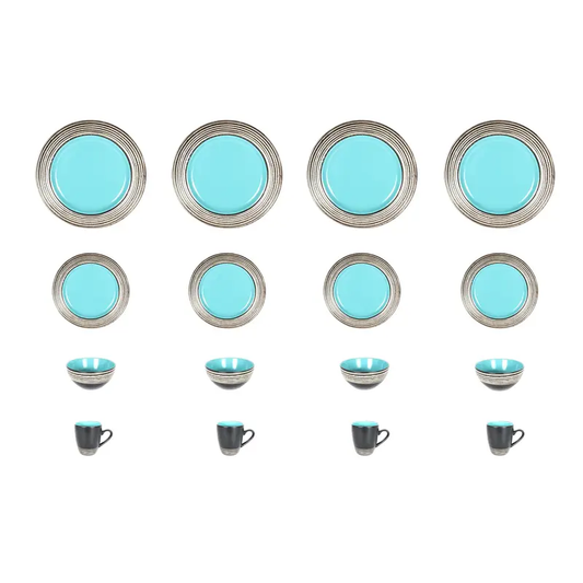 16pcs Turquoise Dinnerware Set Tree Bark Microwave Dishwasher Safe Plates, Stoneware Set for 4 for Easter, Party, Campe, Spring home decor